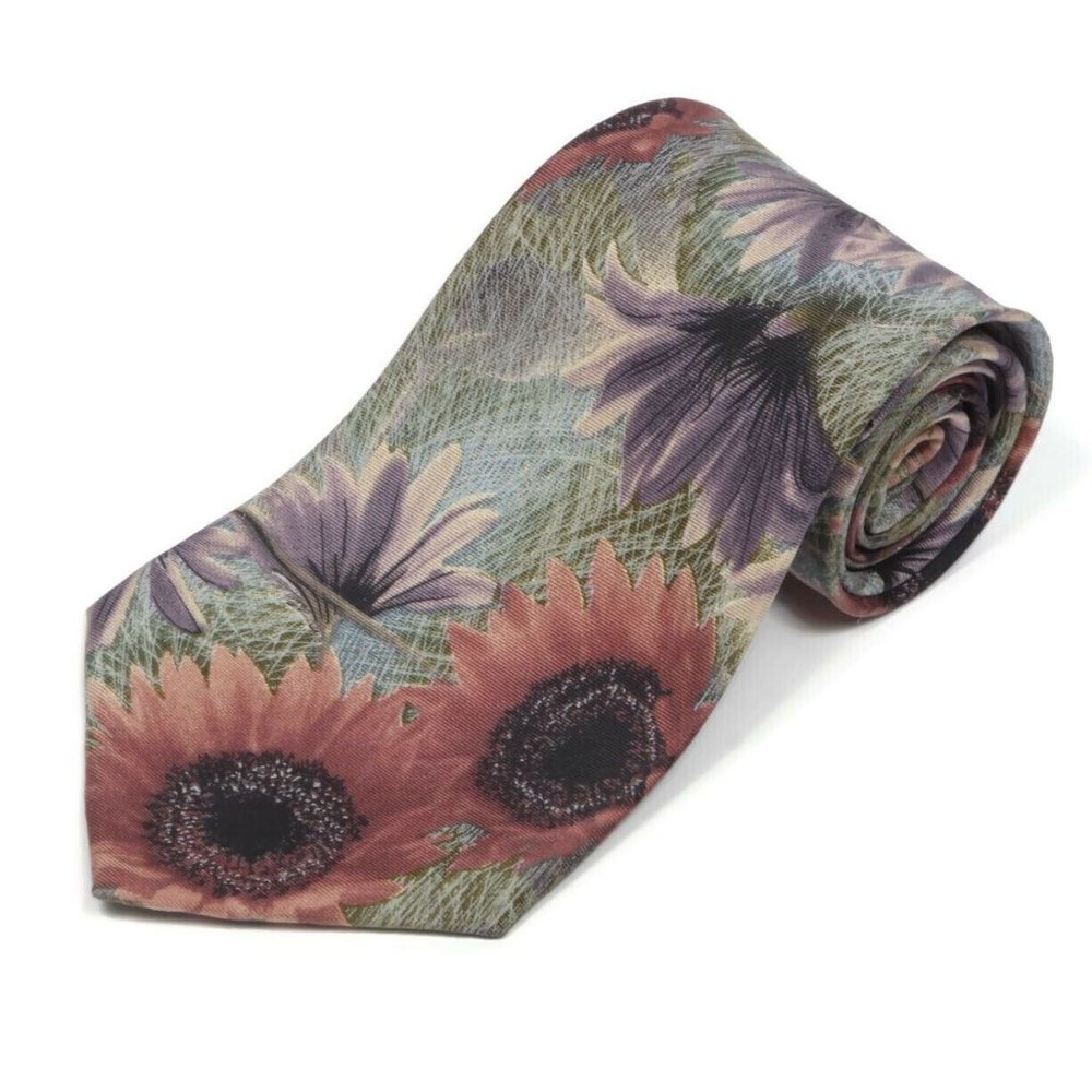 DON LOPER Floral Gray Grass Sunflower Burgundy Plum Men's Silk Neck Tie
